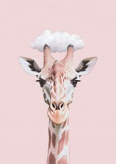 Poster - Pink backdrop giraffe cloud surreal art print