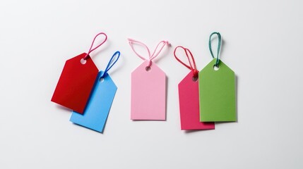 Poster - A neat arrangement of four colorful tags in red, blue, pink, and green, scattered across a pristine white background, offering a fresh and contemporary aesthetic