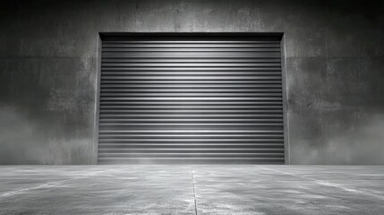 Poster - front view of a closed grey metal garage door with a sleek and modern design on a smooth concrete su