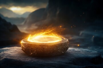 Poster - A glowing magical artifact placed on an ornate pedestal in a dark cave, especially drawing attention with radiant light and mystical energy swirling around it