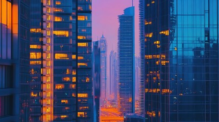 Poster - A panoramic view of the high rises along Sheikh Zayed Road, glowing with twilight hues, capturing the vibrant pulse of Dubai's architectural skyline