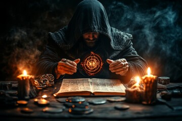 Poster - A gothic depiction of a consultant sitting at a dark wooden desk with candles casting eerie light on a ledger filled with mysterious strategies