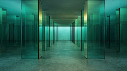 Poster - Endless Maze of Translucent Glass Walls Reflecting Green Light in Modern Architecture Setting