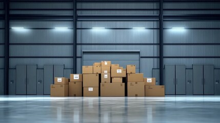 Poster - Stacked Cardboard Boxes in a Warehouse Setting with Industrial Shelving and Bright Overhead Lighting Creating a Clean and Organized Space