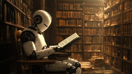 Poster - A robot in an abandoned library, reading a book under soft light, as forgotten volumes gather dust on the shelves in a quiet, eerie setting