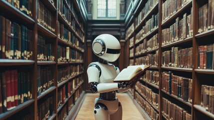 Poster - A robot standing in the middle of a deserted library, absorbed in a book, amidst rows of untouched literature, evoking a sense of loneliness and curiosity