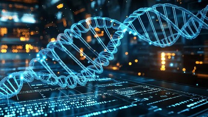 Poster - DNA double helix in a futuristic data backdrop illustrating genetics