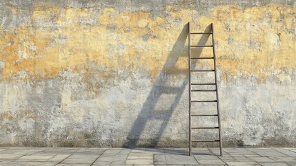 Poster - old wooden ladder leaning against weathered wall with texture in urban setting for creative backgrou