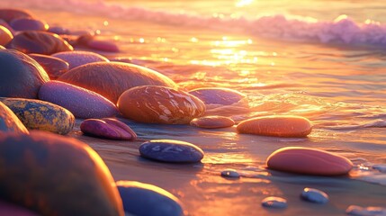 Poster - A serene beach with an array of smooth, colorful rocks, their polished surfaces gleaming under the golden glow of the setting sun, creating a tranquil atmosphere