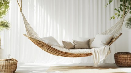 Poster - A serene hammock setup with comfortable cushions, exuding coziness and style, set against a clean white backdrop, perfect for relaxation and comfort