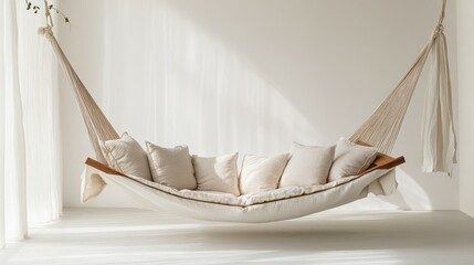 Poster - A serene hammock setup with comfortable cushions, exuding coziness and style, set against a clean white backdrop, perfect for relaxation and comfort