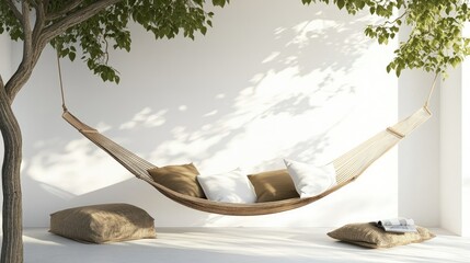 Poster - A serene hammock setup with comfortable cushions, exuding coziness and style, set against a clean white backdrop, perfect for relaxation and comfort