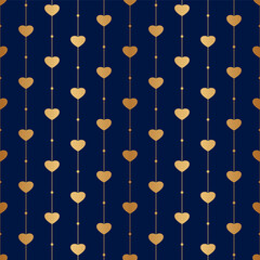 Poster - Heart seamless pattern. Repeated gold hearts on blue background. Love design. Gift paper for prints. Repeating golden hearth. Modern patern. Wedding wrapper. Glitter woman packing. Vector illustration