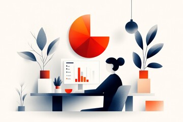 Leinwandbilder - A minimalist illustration of a consultant sitting at a desk with a pie chart and graph displayed on a screen, using simple geometric shapes and a clean white background