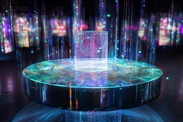 Poster - An artificial intelligence core surrounded by floating holograms