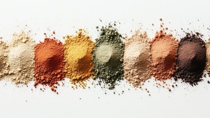 Poster - A series of small heaps of powders and grains, forming a gradient of natural shades on a white surface, celebrating the diversity and beauty of natural ingredients