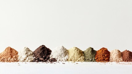 Poster - A series of small heaps of powders and grains, forming a gradient of natural shades on a white surface, celebrating the diversity and beauty of natural ingredients