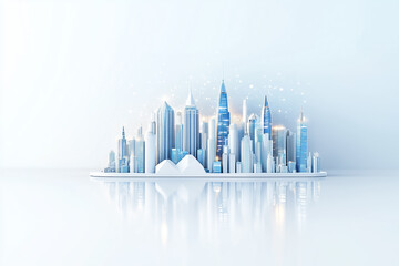 Poster - A vibrant skyline showcases futuristic architecture made from simple geometric shapes, illuminated by bright light, with a serene reflection on the surface below, creating a dreamlike atmosphere