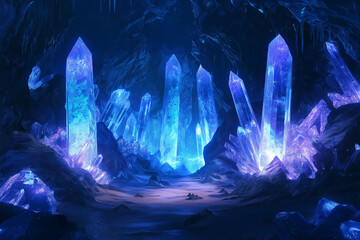 Poster - An enchanted crystal cave glowing with ethereal blue light 