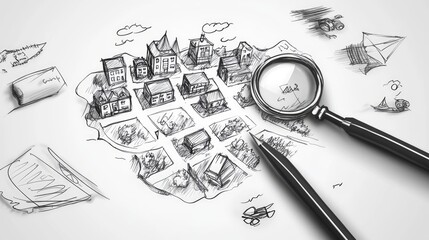 Leinwandbilder - A sketch of a map with pathways, buildings, and a bold search icon drawn on a plain white background, symbolizing the journey of discovery and strategic planning