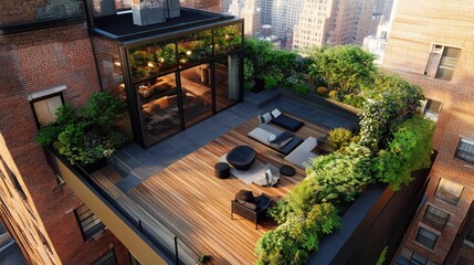 Aufkleber - A sleek and modern rooftop space with black furniture, a wooden deck, and an abundance of greenery, offering a peaceful and stylish place to unwind outdoors