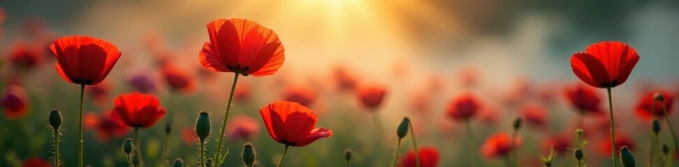 Poster - Sunlit red poppies emerge from swirling morning mist, ethereal beauty , light, sun