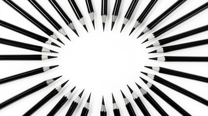 Poster - A sleek, artistic arrangement of black pencils forming a perfect radial pattern on a white background, creating a bold and minimalist design