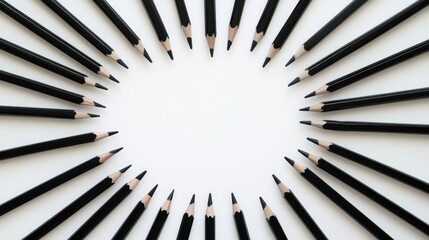 Poster - A sleek, artistic arrangement of black pencils forming a perfect radial pattern on a white background, creating a bold and minimalist design