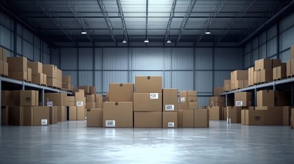 Poster - Photorealistic depiction of an empty warehouse interior showcasing cardboard boxes lined neatly on shelves with bright warehouse lighting