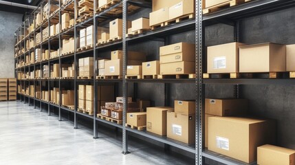 Poster - Organized Shelves Filled with Cardboard Boxes in a Spacious Warehouse Environment Featuring Industrial Storage Solutions