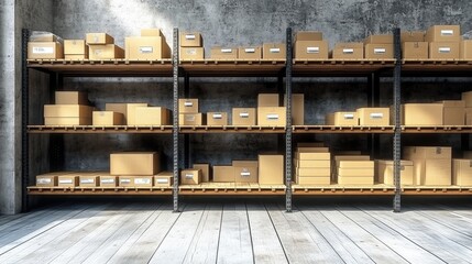 Poster - Shelves with Cardboard Boxes in a Warehouse Environment Surrounded by a Simple Industrial Background for Storage and Organization Themes