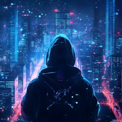 Wall Mural - A figure in a hoodie overlooks a vibrant, futuristic cityscape illuminated by neon lights.