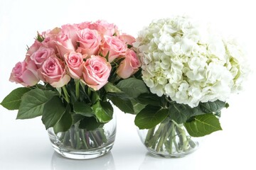 Poster - Beautiful bouquet of pink roses and white hydrangeas in glass vases, perfect for weddings or celebrations, showcasing elegance and freshness in decor