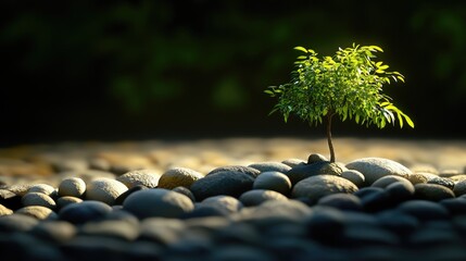 Poster - A small green tree grows above arranged stones, bathed in deep shadows, offering a peaceful yet mysterious atmosphere in nature design