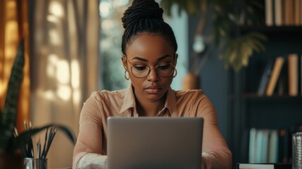 Canvas Print - Focused Woman Working on Laptop in Cozy Home Office