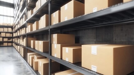 Poster - Shelves Filled with Cardboard Boxes in a Warehouse Interior with Industrial Lighting and Concrete Background