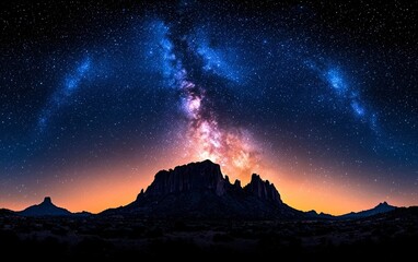 Wall Mural - majestic milky way galaxy arching over silhouetted mountain landscape at serene nightfall