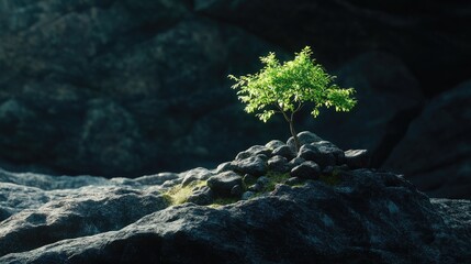 Poster - A small green tree perched above stones, surrounded by shadows, creating a dramatic contrast and evoking a sense of tranquility and solitude