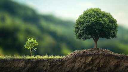Aufkleber - A small tree beside a towering large tree on divided soil, symbolizing growth and progression in nature, with clear stages of development in one frame