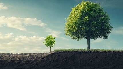 Aufkleber - A small tree beside a towering large tree on divided soil, symbolizing growth and progression in nature, with clear stages of development in one frame