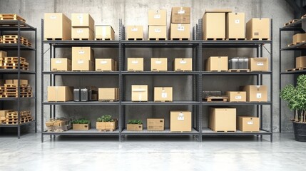 Poster - Organized Storage Room with Metal Shelves Filled with Cardboard Boxes and Palettes in a Modern Warehouse Environment
