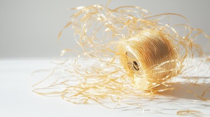 Poster - A spool of golden thread unraveling in a messy tangle, its shimmering strands scattered across a white surface, showcasing the delicate beauty of craftsmanship