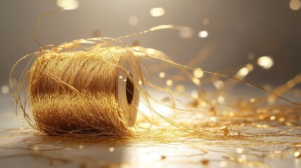Poster - A spool of golden thread unraveling into a messy tangle, creating an elegant yet chaotic visual on a clean surface, reflecting the intricate nature of artistry