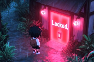 Poster - A pixel art scene of a character standing in front of a glowing red door labeled â€œLocked,â€ with pixelated sparkles and shadows emphasizing the barrier