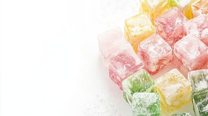 Poster - A stunning close-up of Turkish Delight candies in pink, green, and yellow shades, artfully displayed on a clean white background, with space for text on the right