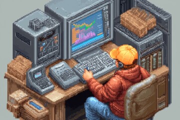 Aufkleber - A pixel art scene of a consultant sitting at a desk with a small pixelated screen showing colorful graphs, surrounded by animated team members in a retro office setting