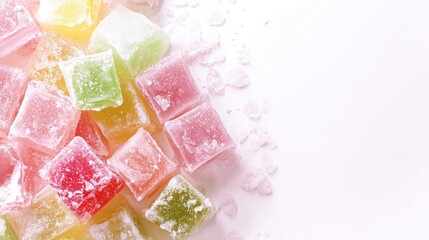 Poster - A stunning close-up of Turkish Delight candies in pink, green, and yellow shades, artfully displayed on a clean white background, with space for text on the right