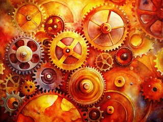 Poster - Abstract Watercolor Gears in Warm Tones: Conceptual Business & Finance Stock Photo