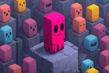 Poster - A pixel art scene of a single brightly colored character standing out in a gray, pixelated crowd, with retro-style shading and vibrant pops of color