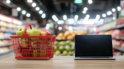 Fototapete - Digital shopping concept with a wooden table setup featuring a laptop and basket, blurred supermarket background, no people